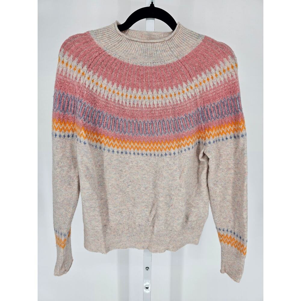 J Crew Womens Sz S Fair Isle Yoke Rollneck Sweater In Supersoft Yarn Cream Pink